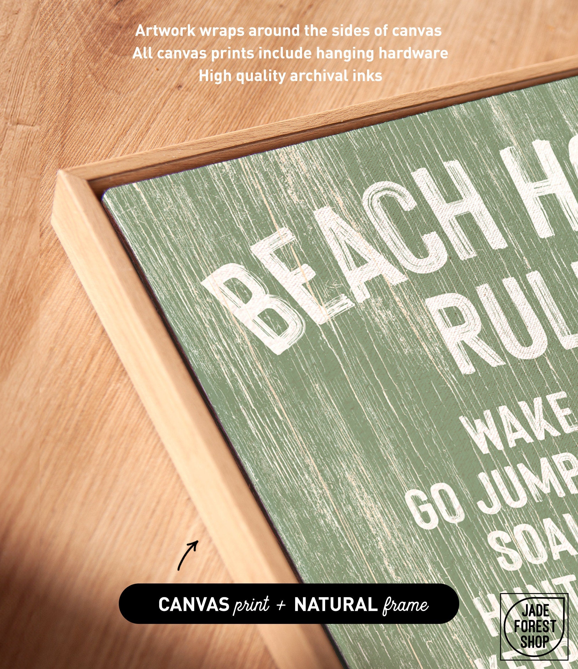 Close-up of the Beach House Rules Sign, featuring seagrass green painted wood with white text in a light wooden frame, displayed on a wooden surface—ideal coastal wall art for your beach house.