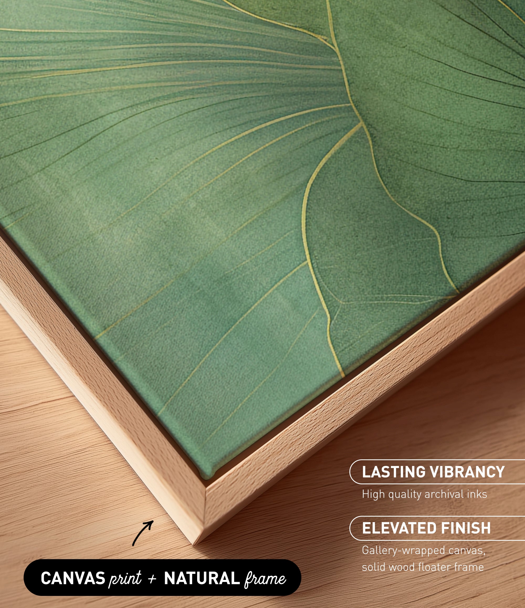 a close-up view of a canvas print with a natural frame, showcasing a vibrant green leaf design.