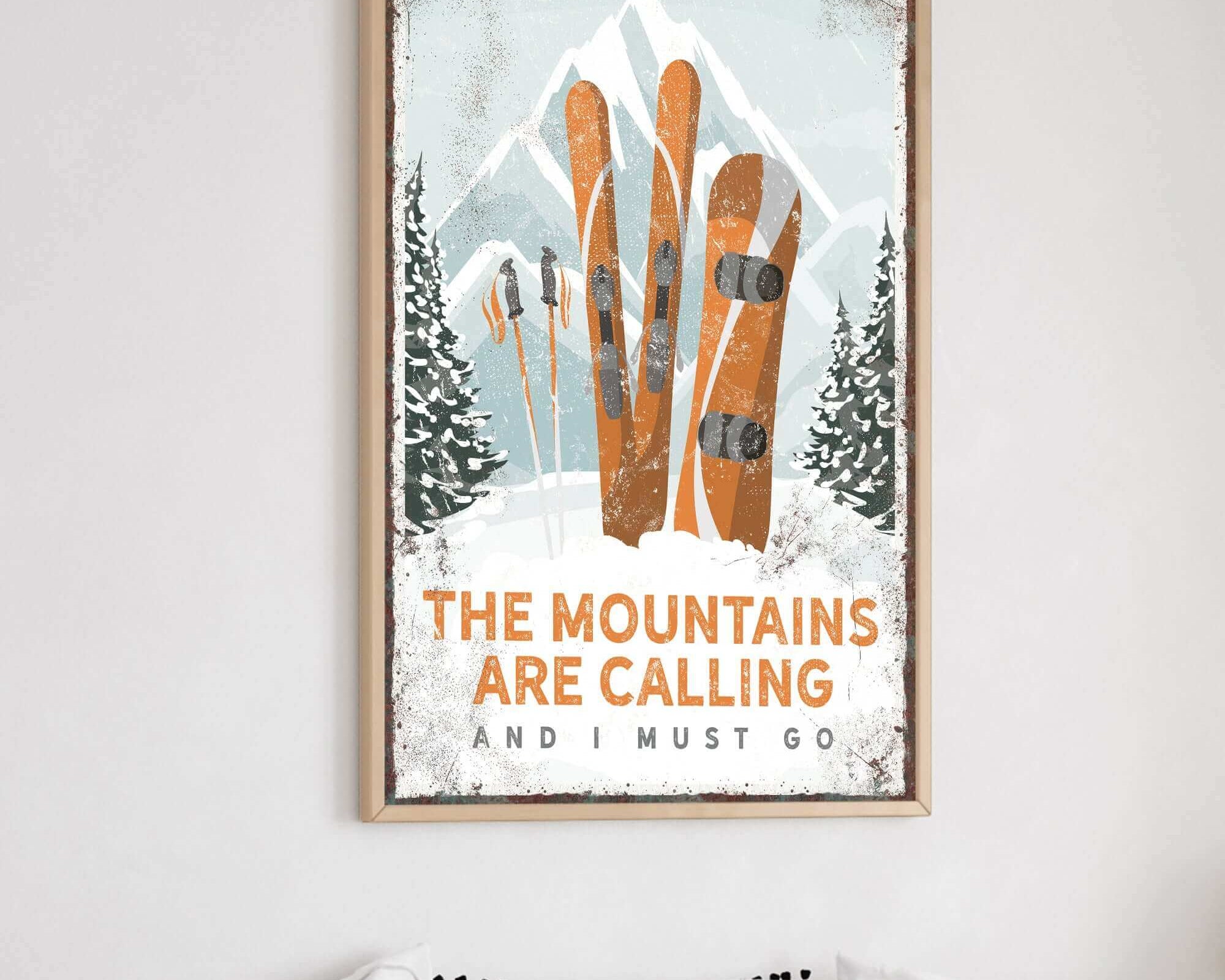 a poster of skis hanging on a wall above a bed