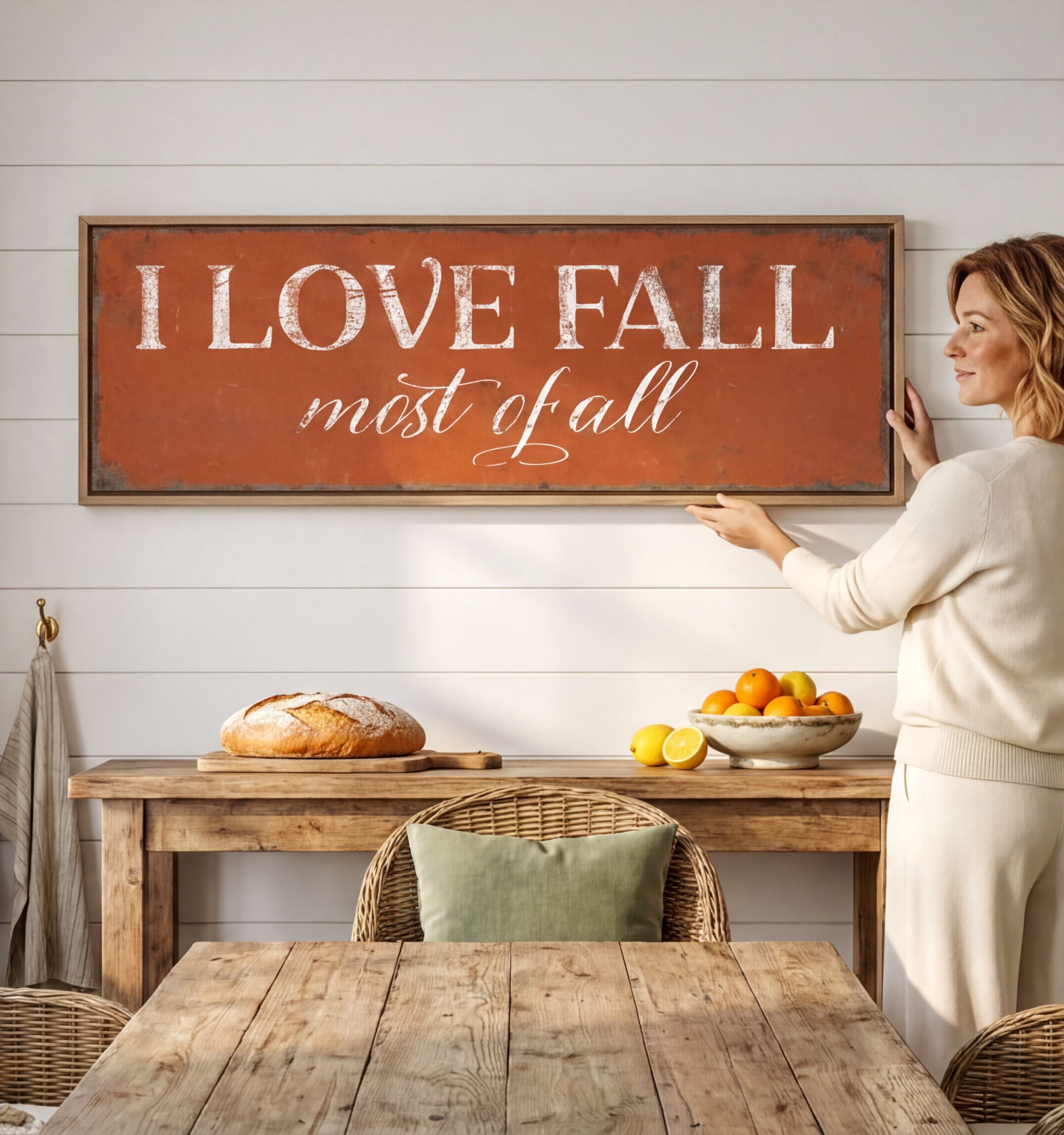 A woman is standing in front of a rustic wooden table, holding a large sign that reads "I LOVE FALL most of all". The table has a loaf of bread, a bowl of oranges, and a wicker chair.