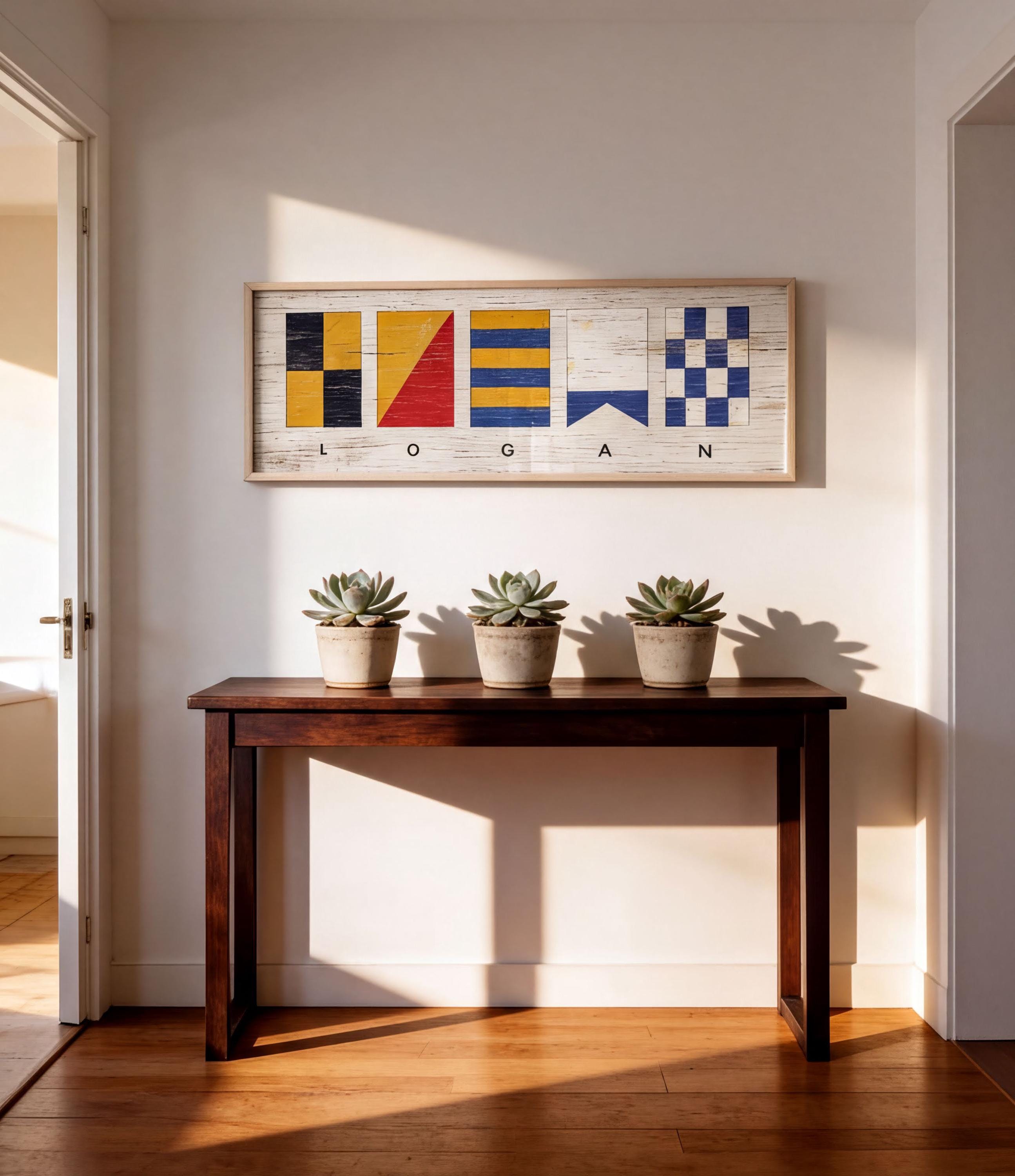 a wooden console table with three potted succulents on top, and a framed artwork with nautical flags hanging above it.