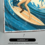 A woman is riding a surfboard on a wave in the ocean, with a palm tree and blue sky in the background.