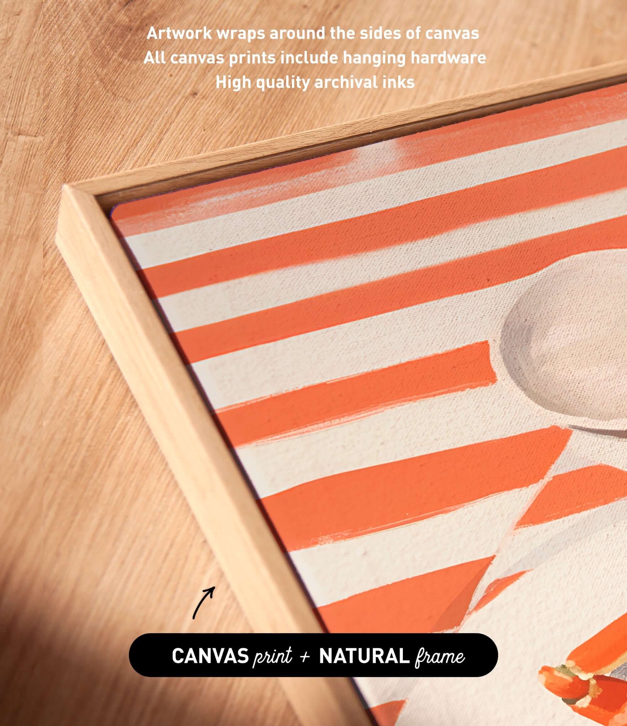 a close-up view of a framed artwork with a striped pattern, placed on a wooden surface.