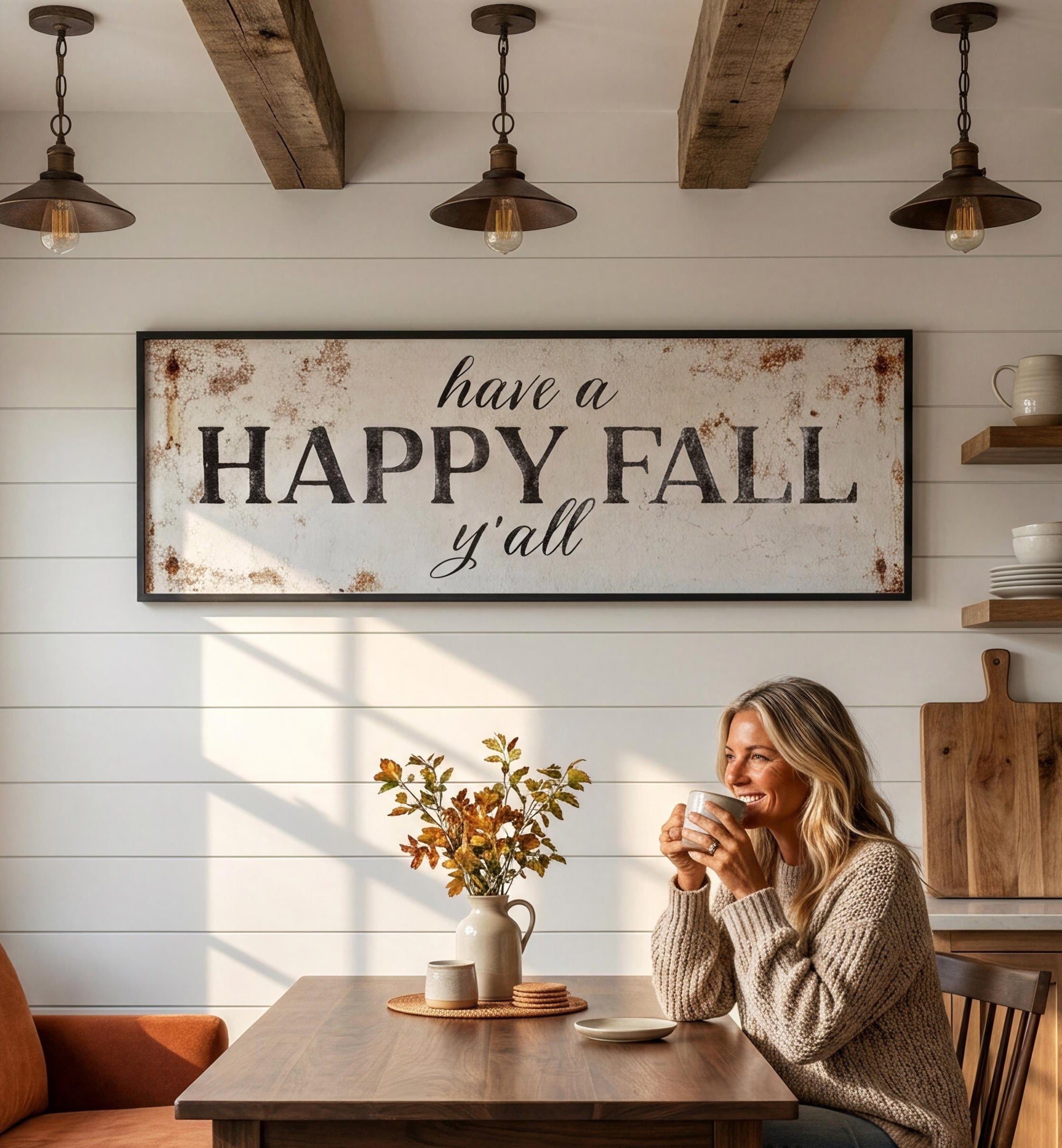 A woman is sitting at a wooden table in a cozy kitchen, holding a cup and smiling. Above her, a rustic sign reads "Have a HAPPY FALL y'all". The table is set with a vase of autumn leaves and a plate of food, creating a warm and inviting atmosphere.