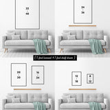 Four size options for the Beach House Rules Sign, Painted Wood, Coral, are displayed above a gray loveseat with a teal blanket and wood shelf—ideal for adding coastal charm to your modern beach house décor.