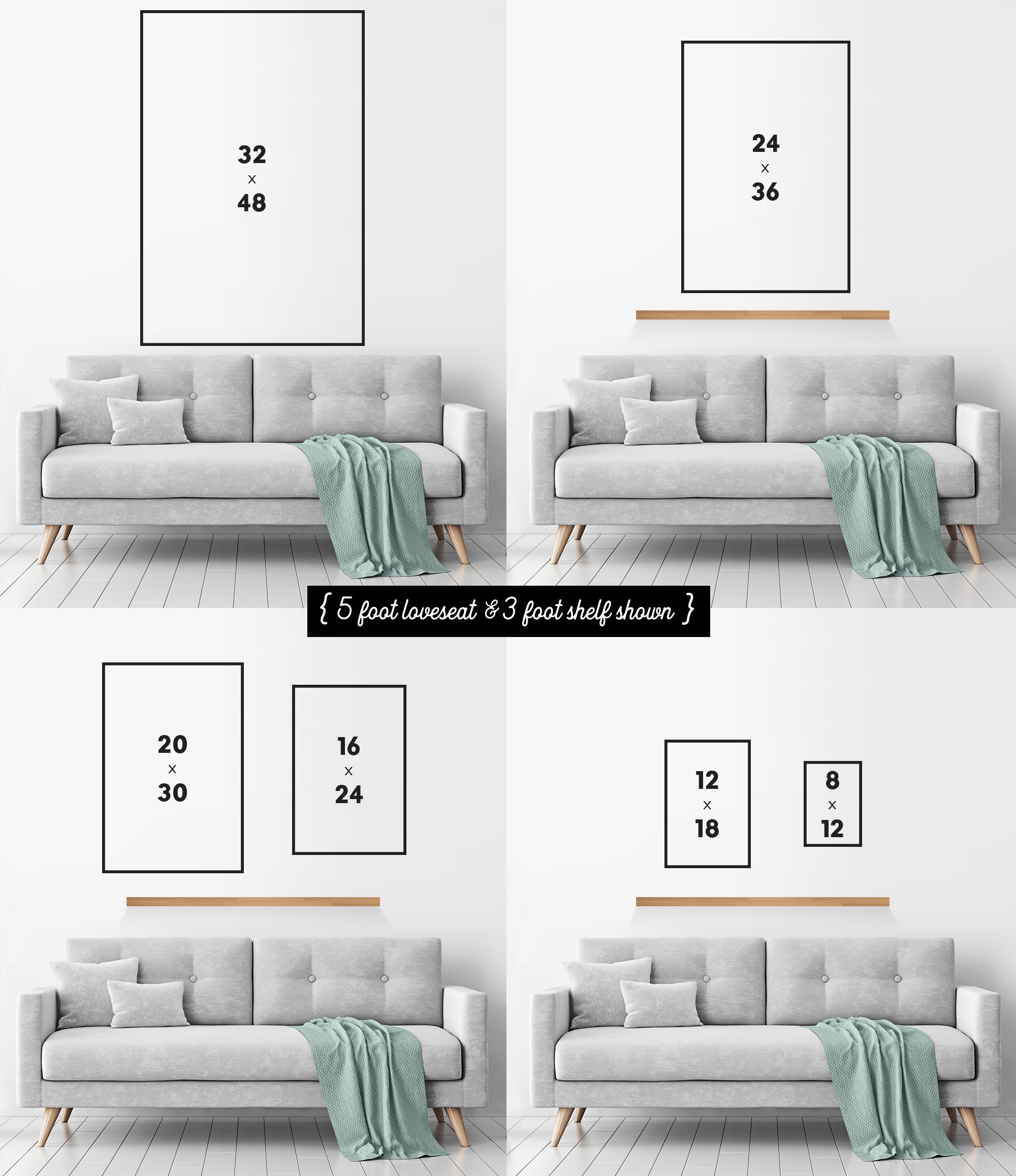 Four living room layouts featuring a gray loveseat, shelf, and the Beach House Rules Sign in painted wood (ocean blue), or coastal wall art in various sizes displayed above the couch.