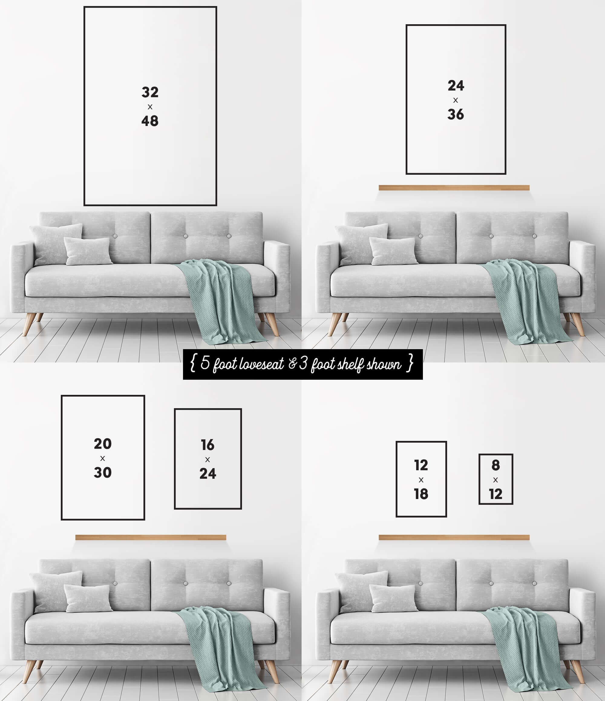 Four wall art size layouts above a gray sofa with a blanket, showcasing different frame arrangements perfect for coastal decor featuring the Beach House Rules Sign in painted wood, Harbor Blue.