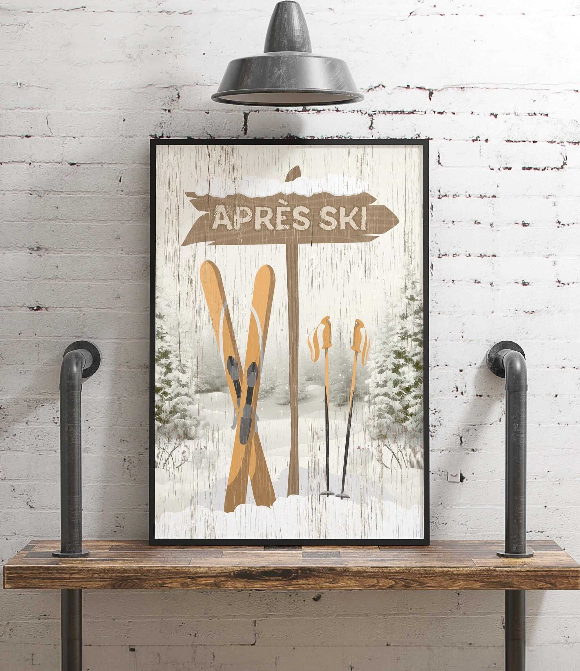 a picture of a ski sign hanging on a wall