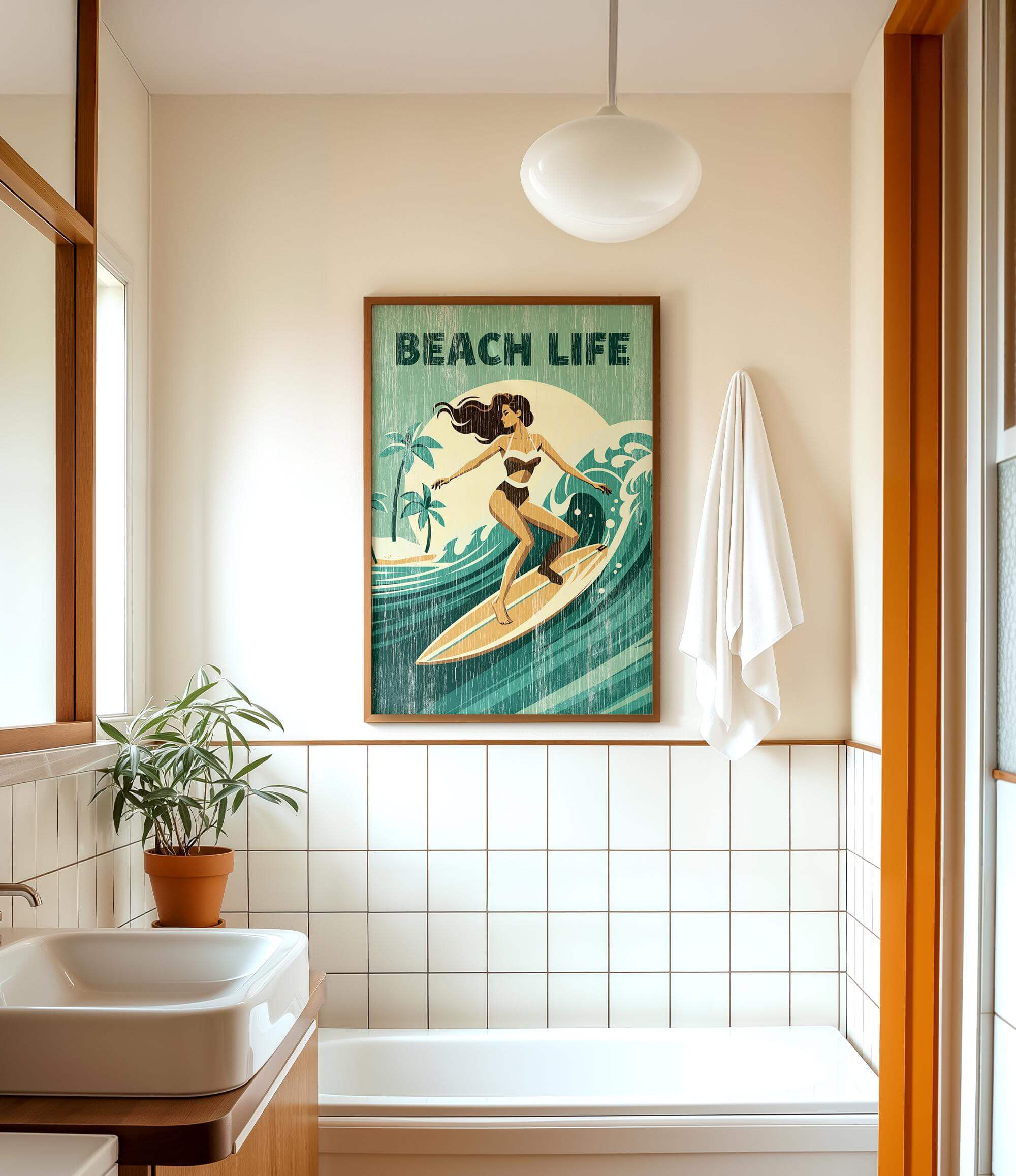 a bathroom with a framed poster of a woman surfing on the wall, a potted plant, a sink, and a towel.