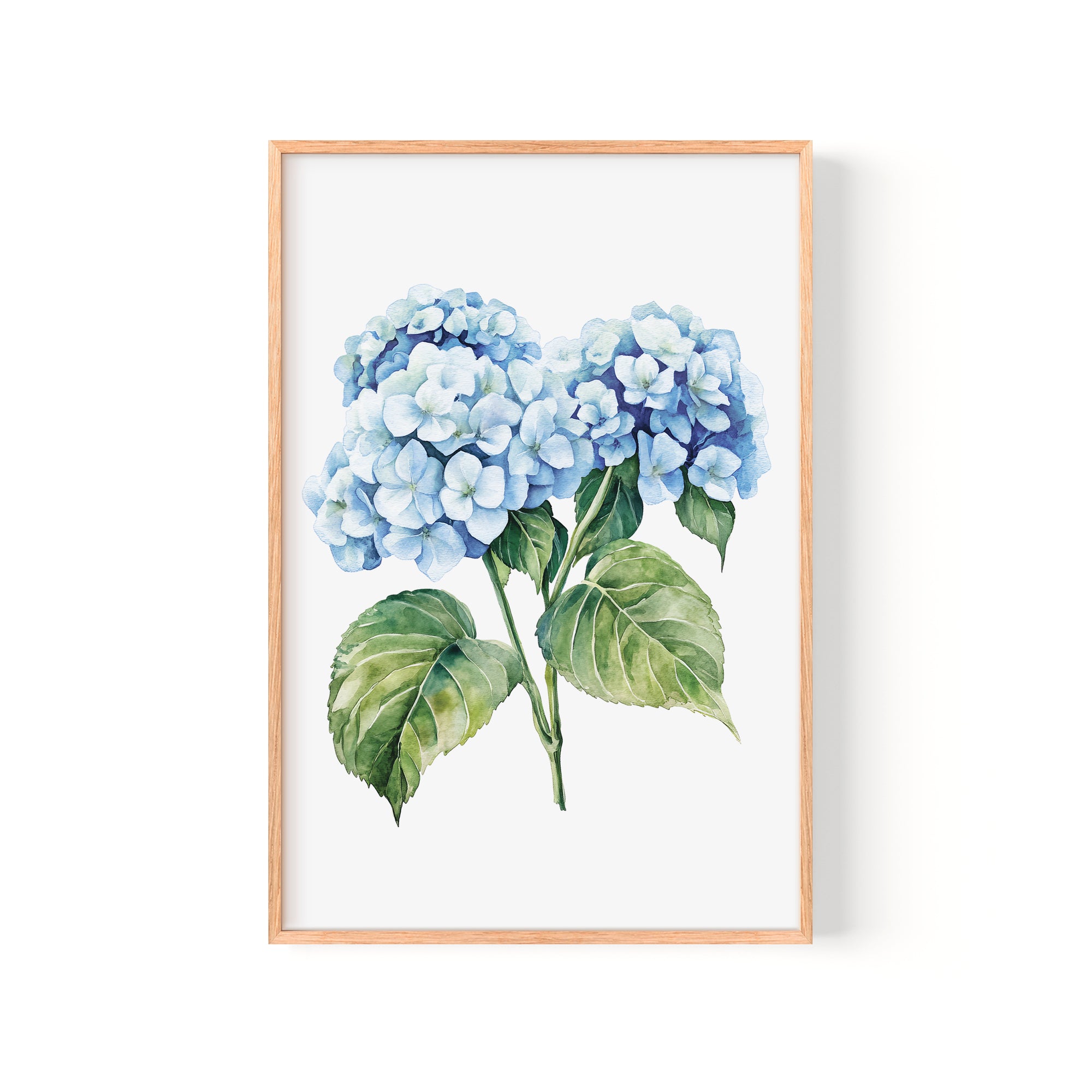A framed watercolor painting depicting a cluster of blue hydrangea flowers with green leaves.