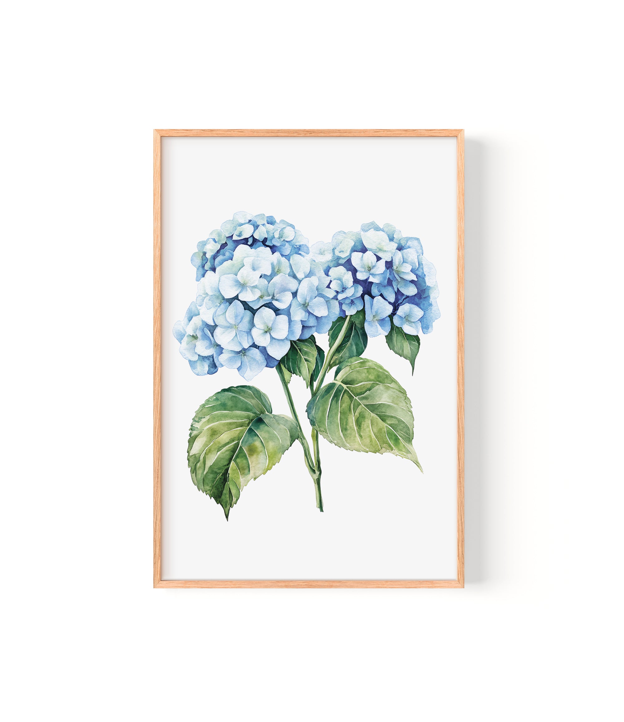 A framed watercolor painting depicting a cluster of blue hydrangea flowers with green leaves.