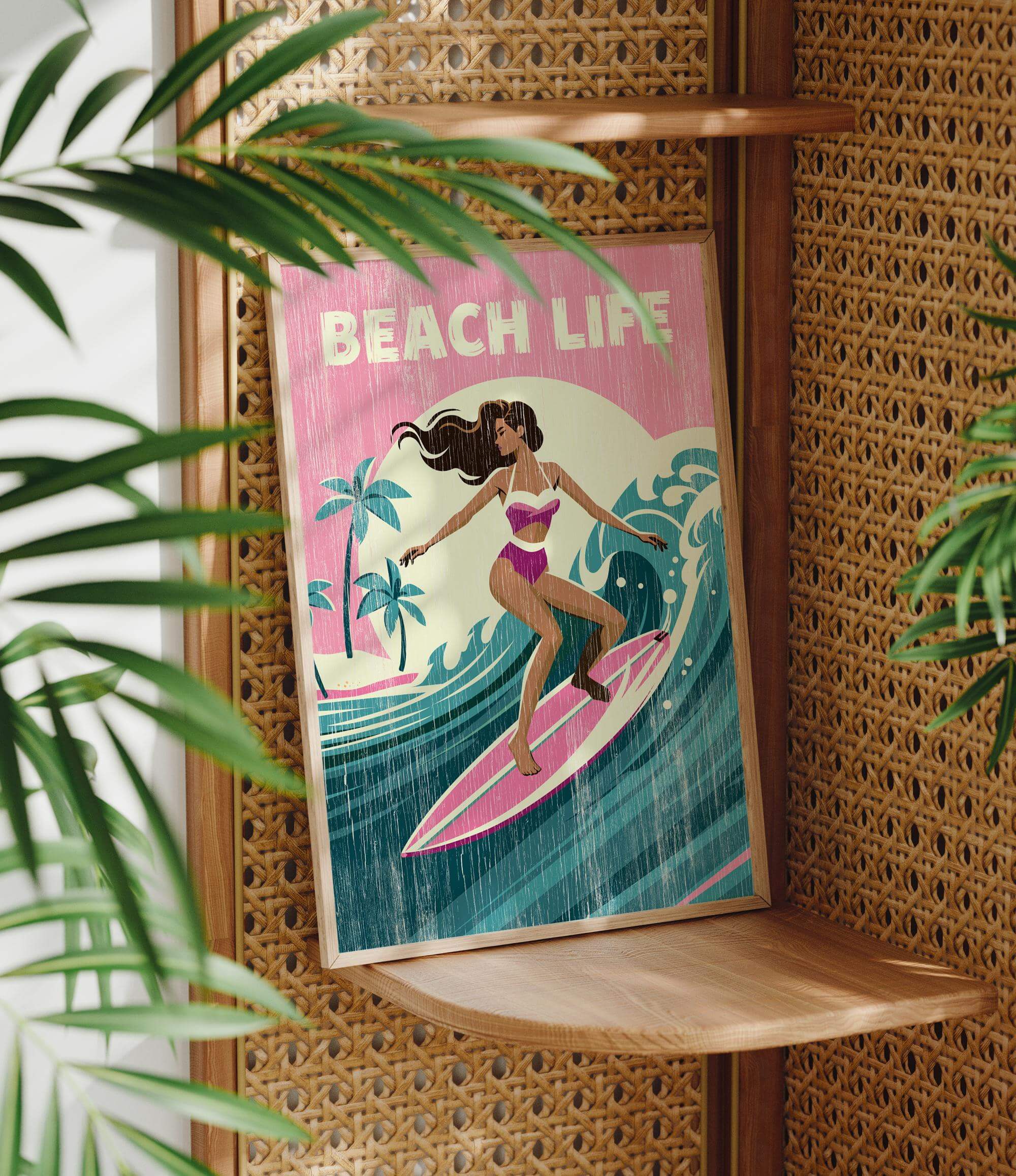 A framed poster featuring a woman surfing on a pink surfboard, with palm trees and waves in the background, is displayed on a wooden shelf.