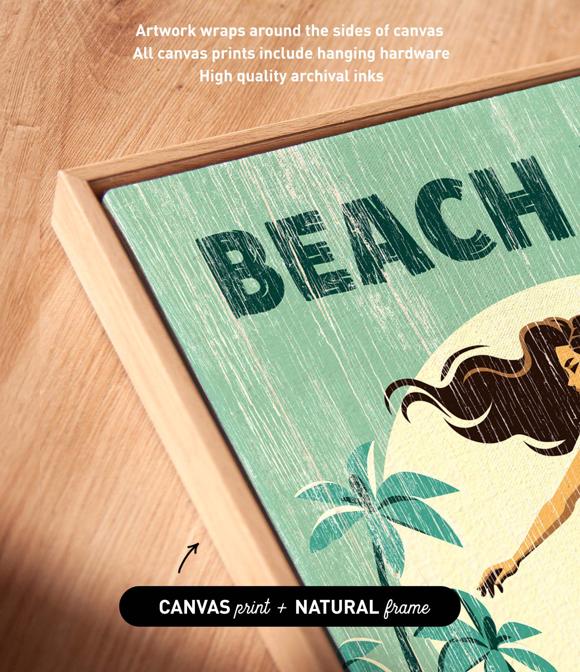 The image is a framed artwork featuring a beach scene with palm trees and a woman. The artwork is framed in a natural frame and has artwork wrapped around the sides.