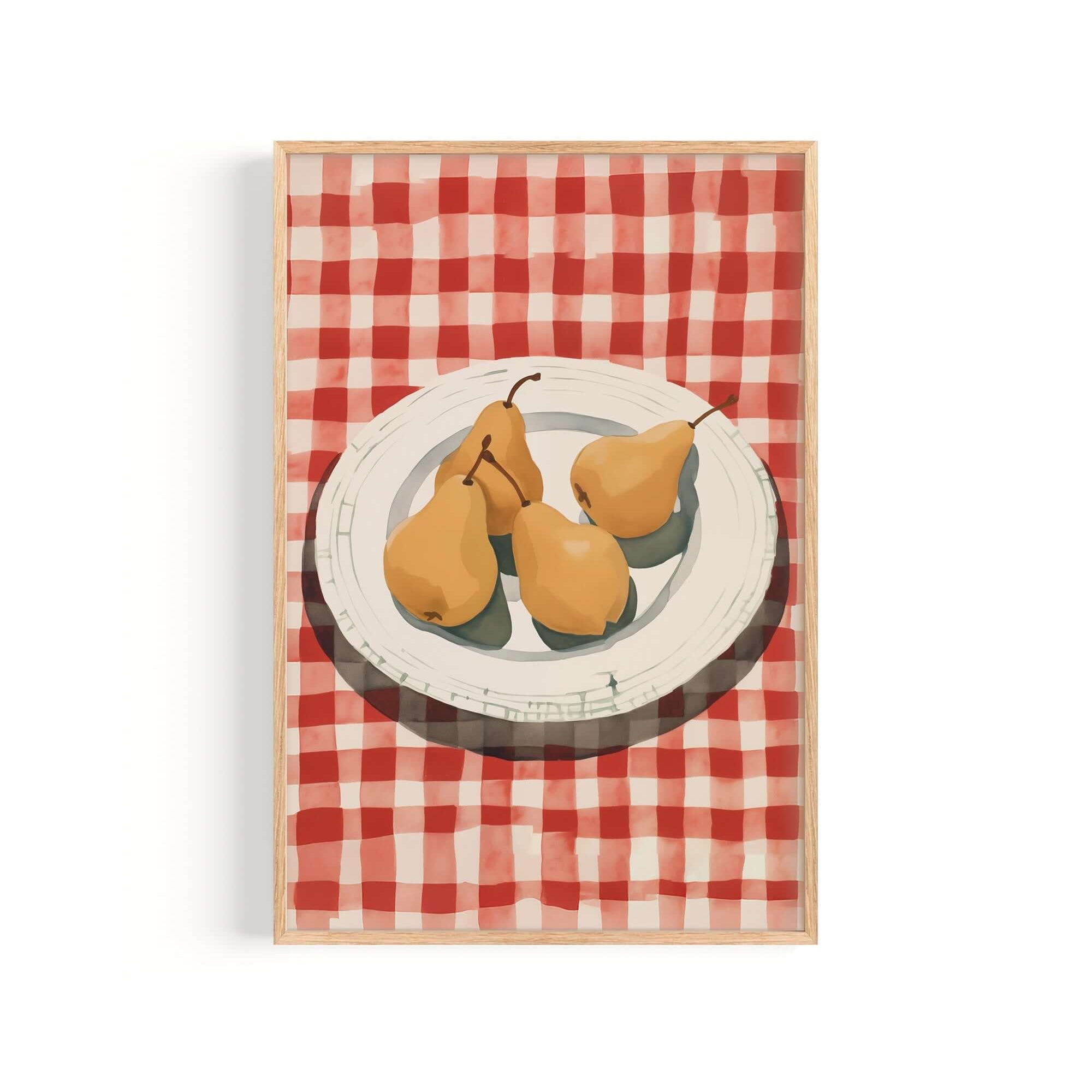A framed illustration of three pears on a white plate, set against a red and white checkered tablecloth.