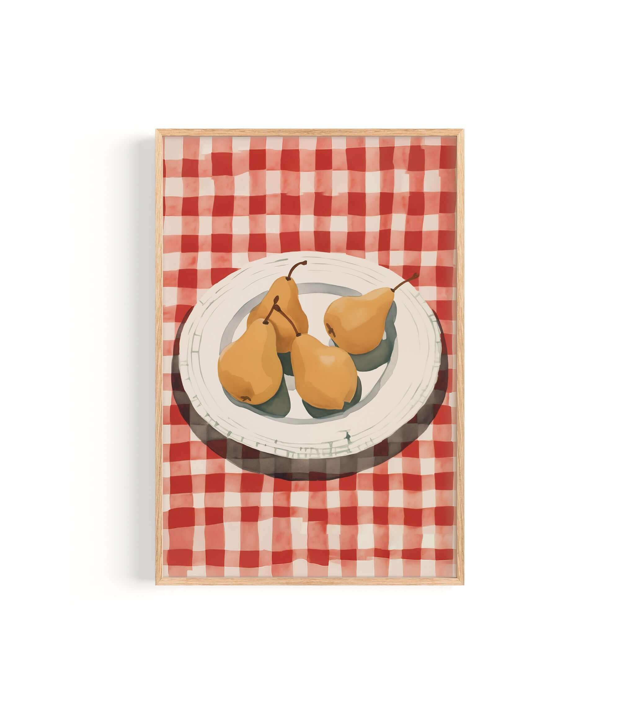 A framed illustration of three pears on a white plate, set against a red and white checkered tablecloth.