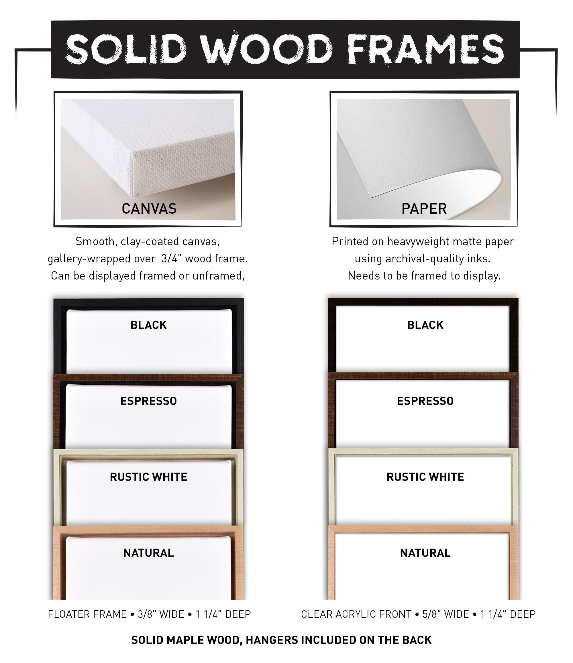 Compare solid wood frame colors—black, espresso, white, and natural—for the 'Woman Paddleboarding Wall Art | Lake Hair Don't Care | Blue Print,' perfect for adding a water-inspired accent to your space.
