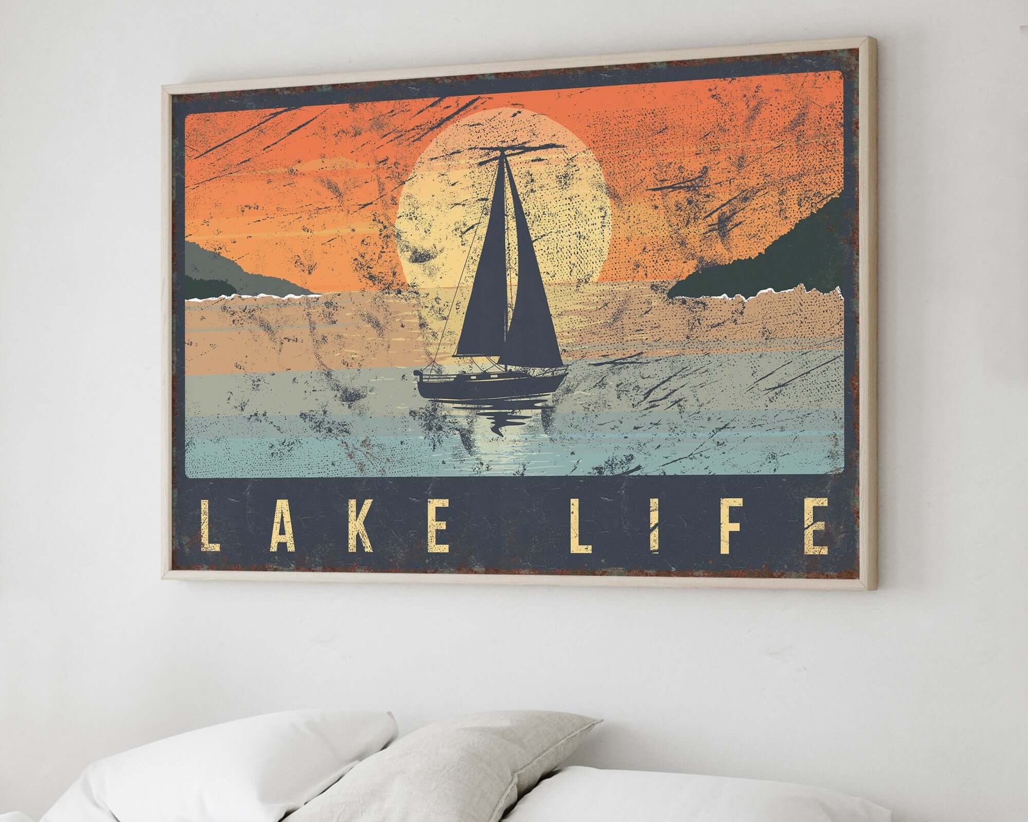 a bedroom with a bed and a painting on the wall