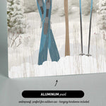 Close-up of the Cerulean Après Ski Signpost Wall Art, an aluminum print featuring ski gear and a waterproof label—ideal for mountain lodge decor or as vintage-inspired après ski artwork.