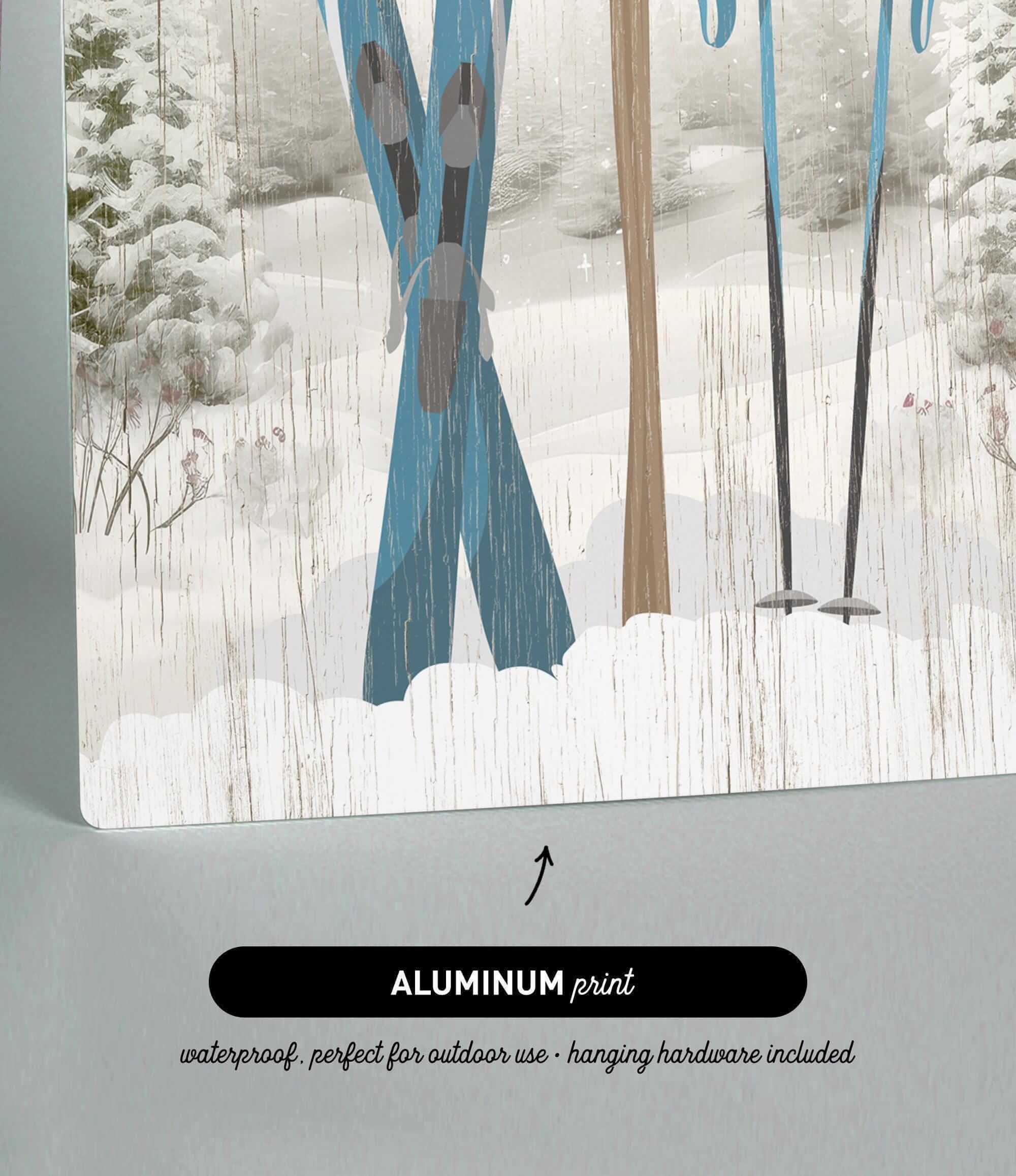 Close-up of the Cerulean Après Ski Signpost Wall Art, an aluminum print featuring ski gear and a waterproof label—ideal for mountain lodge decor or as vintage-inspired après ski artwork.