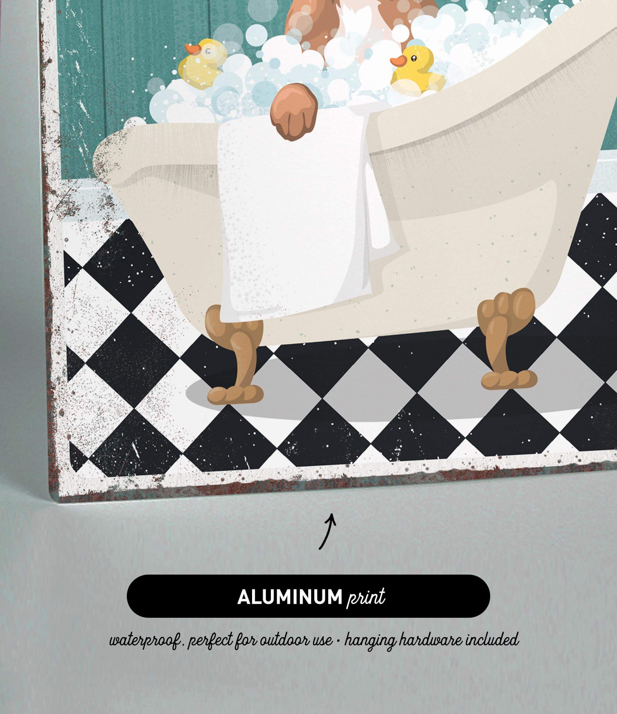 The image is an illustration of a bathtub filled with bubbles, featuring a rubber duck and a towel.