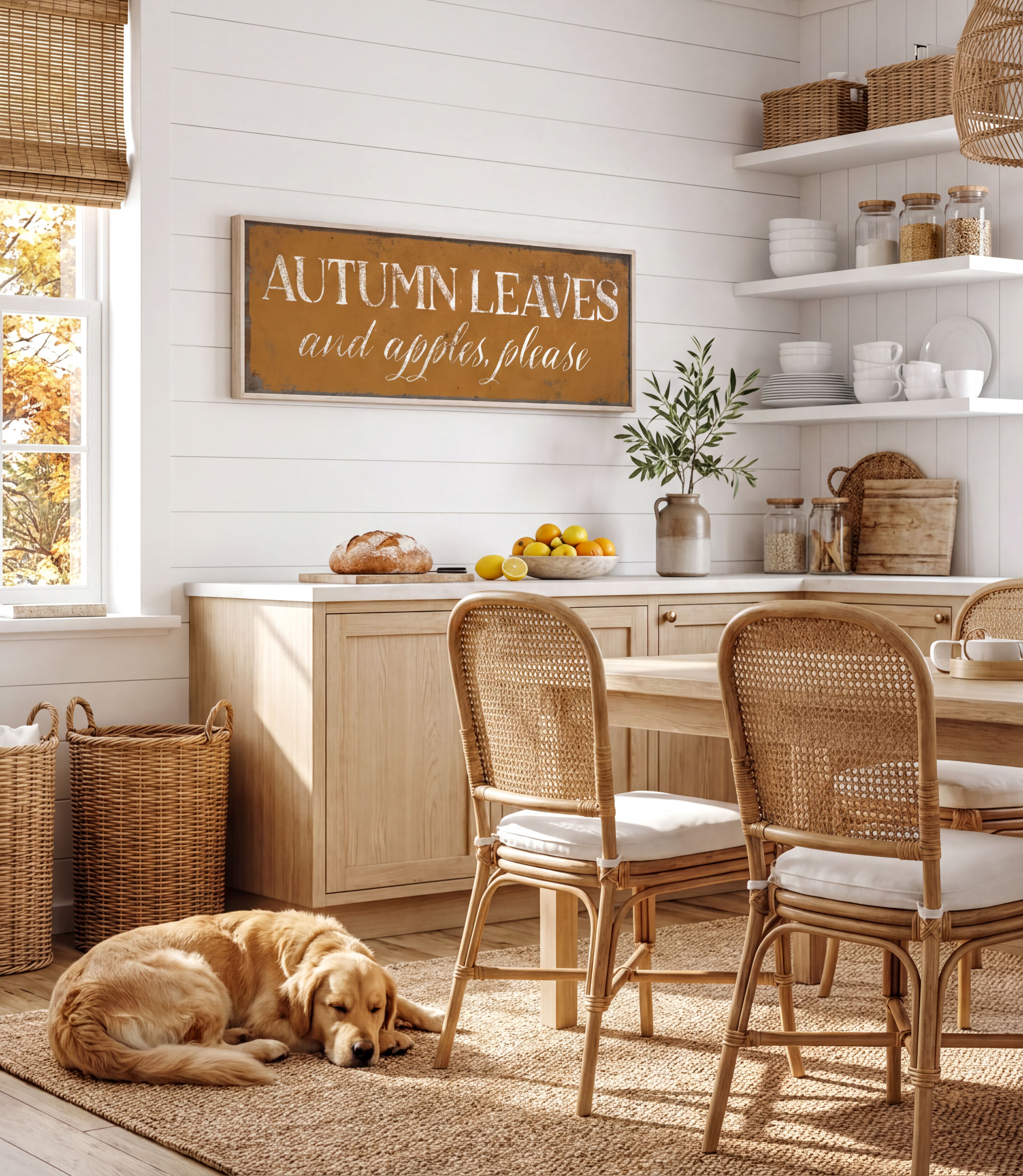 A cozy kitchen scene with a dog resting on the floor, a wooden table and chairs, and a rustic wall sign that reads "Autumn Leaves and apples please".