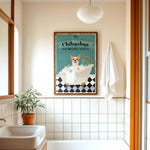 A bathroom with a framed poster of a Chihuahua in a bathtub, a potted plant, and a towel rack.
