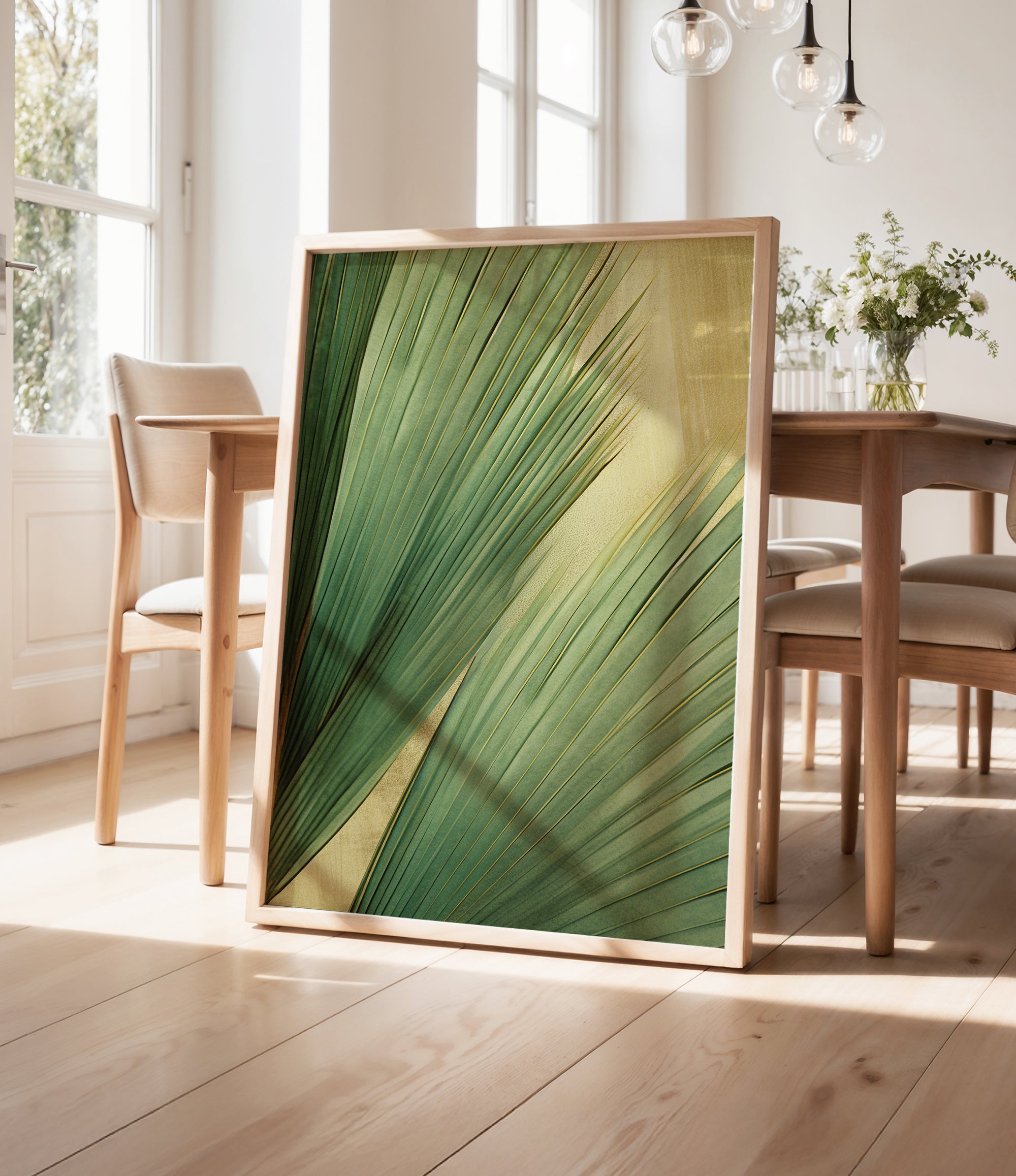 a large framed print of a green leaf with a yellow center, displayed on a wooden floor in a room with a dining table and chairs.
