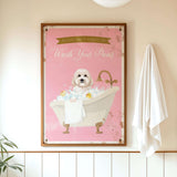 A framed poster with a dog sitting in a bathtub, surrounded by bubbles, and a sign that says "Please don't forget to wash your pans".