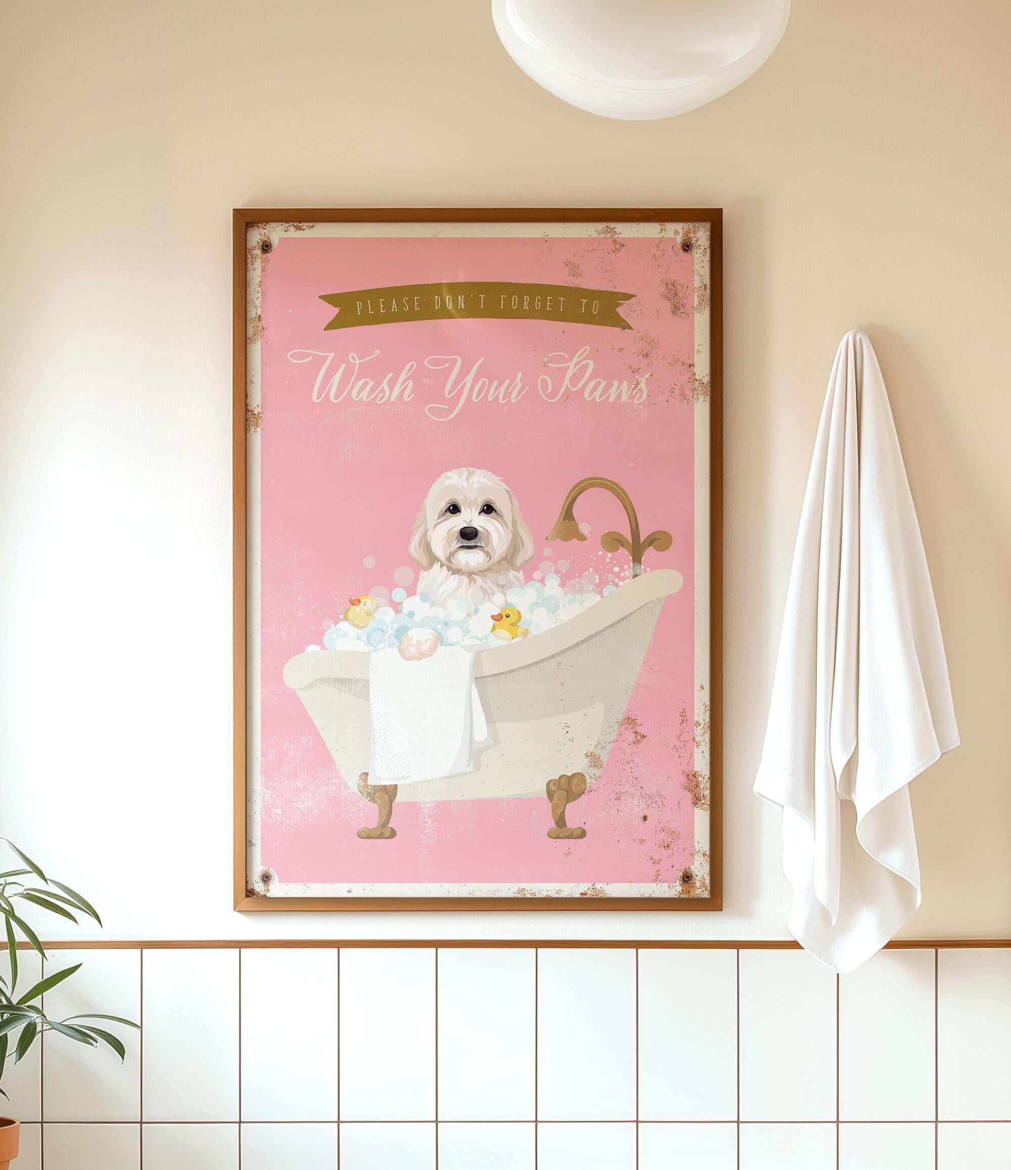 A framed poster with a dog sitting in a bathtub, surrounded by bubbles, and a sign that says "Please don't forget to wash your pans".