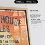 The image is a poster with a textured background and a wooden frame. The text on the poster is "PAPER print + NATURAL frame" and "FINE ART PRINT". The poster features a message about the ocean and the sun, with the words "HOUSE" and "ON THE OCEAN" prominently displayed.