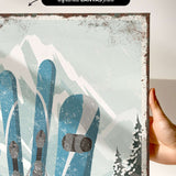 a person holding up a picture of a pair of skis