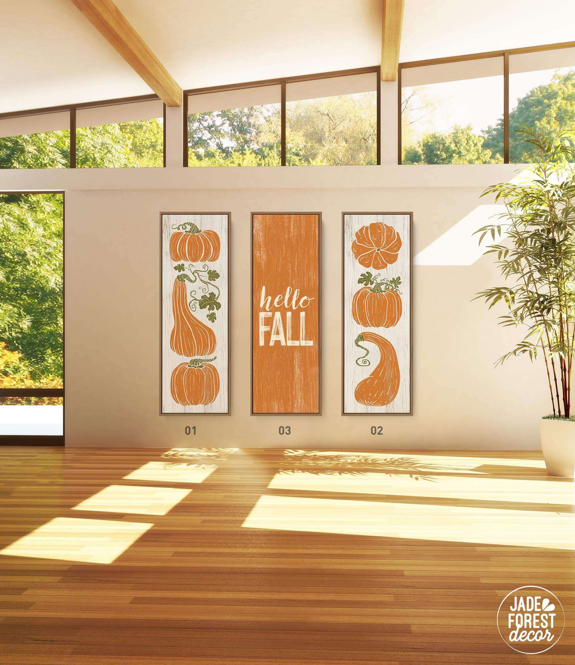 a living room with three pumpkins on the wall