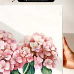 a close-up of a painting of pink hydrangea flowers on a white background.