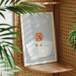 A framed poster with a dog sitting in a bathtub, surrounded by plants, with the text "WASH YOUR PAWS" displayed prominently.