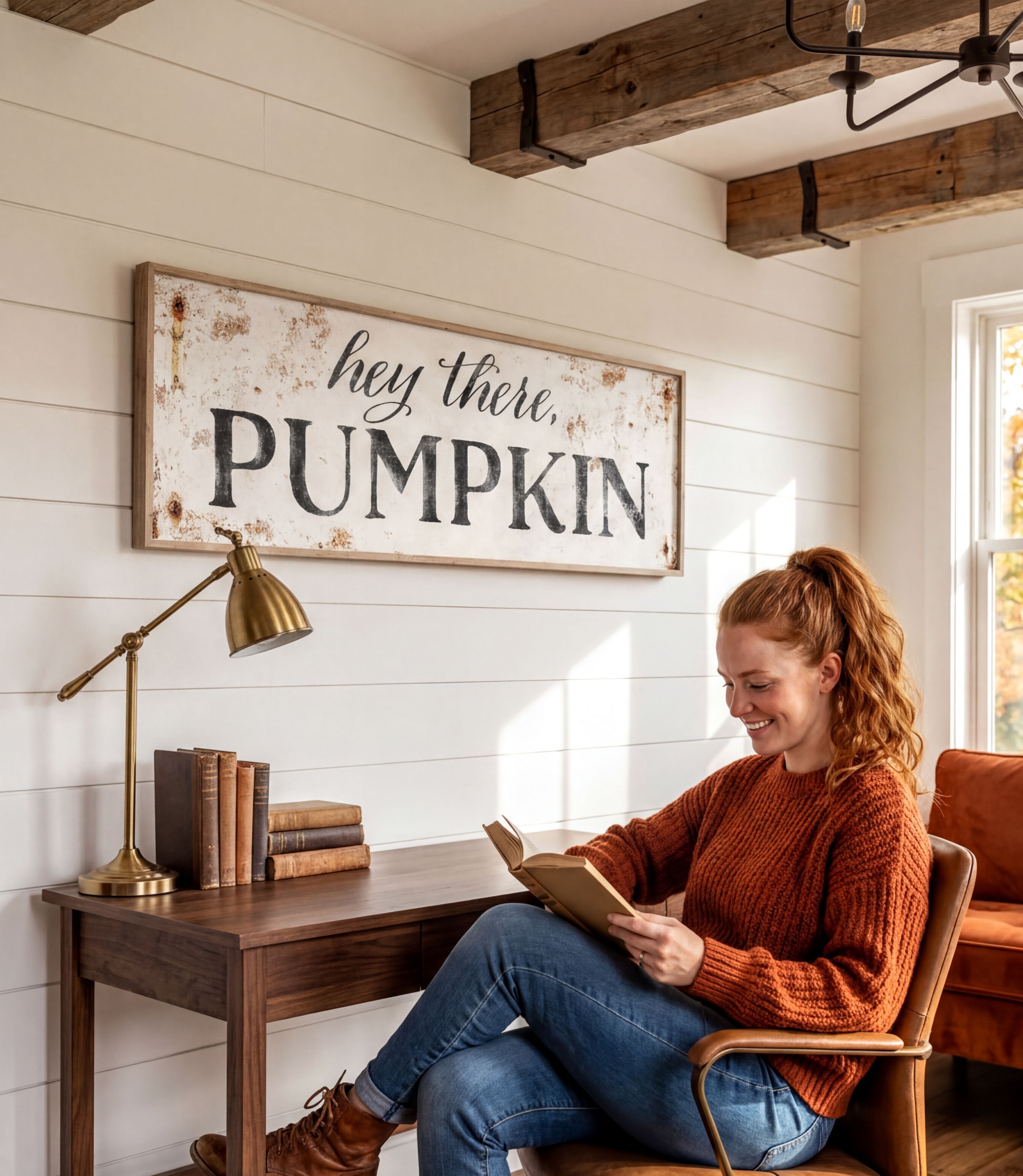 A woman is sitting at a desk, reading a book, with a lamp and a stack of books nearby. Above her, there is a sign that says "hey there, PUMPKIN".