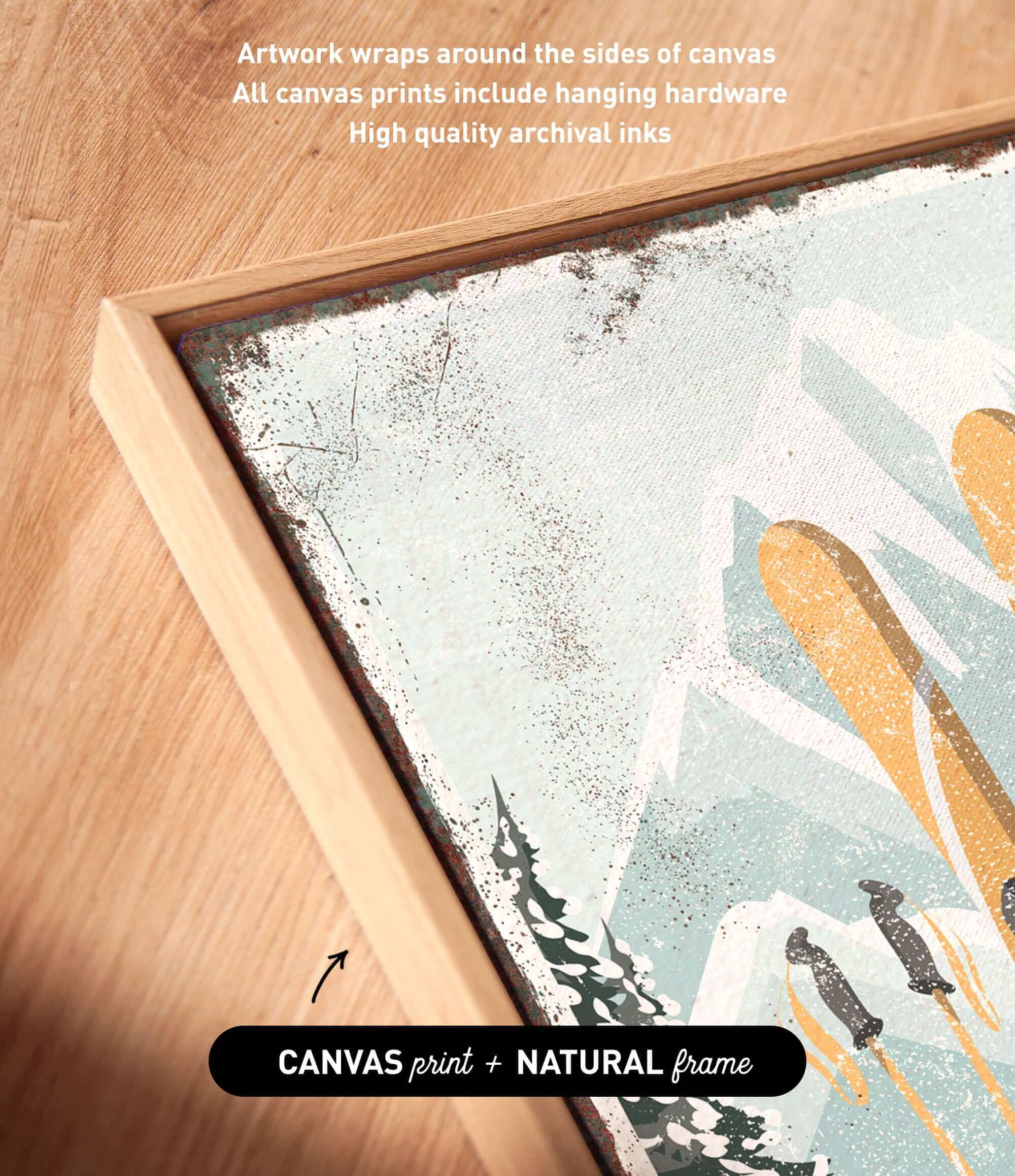 a wooden frame with a painting of skis on it