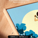 a wooden frame with a blue and yellow floral design, and the text indicates that the artwork wraps around the sides of the canvas and includes hanging hardware, suggesting a high-quality archival inks.