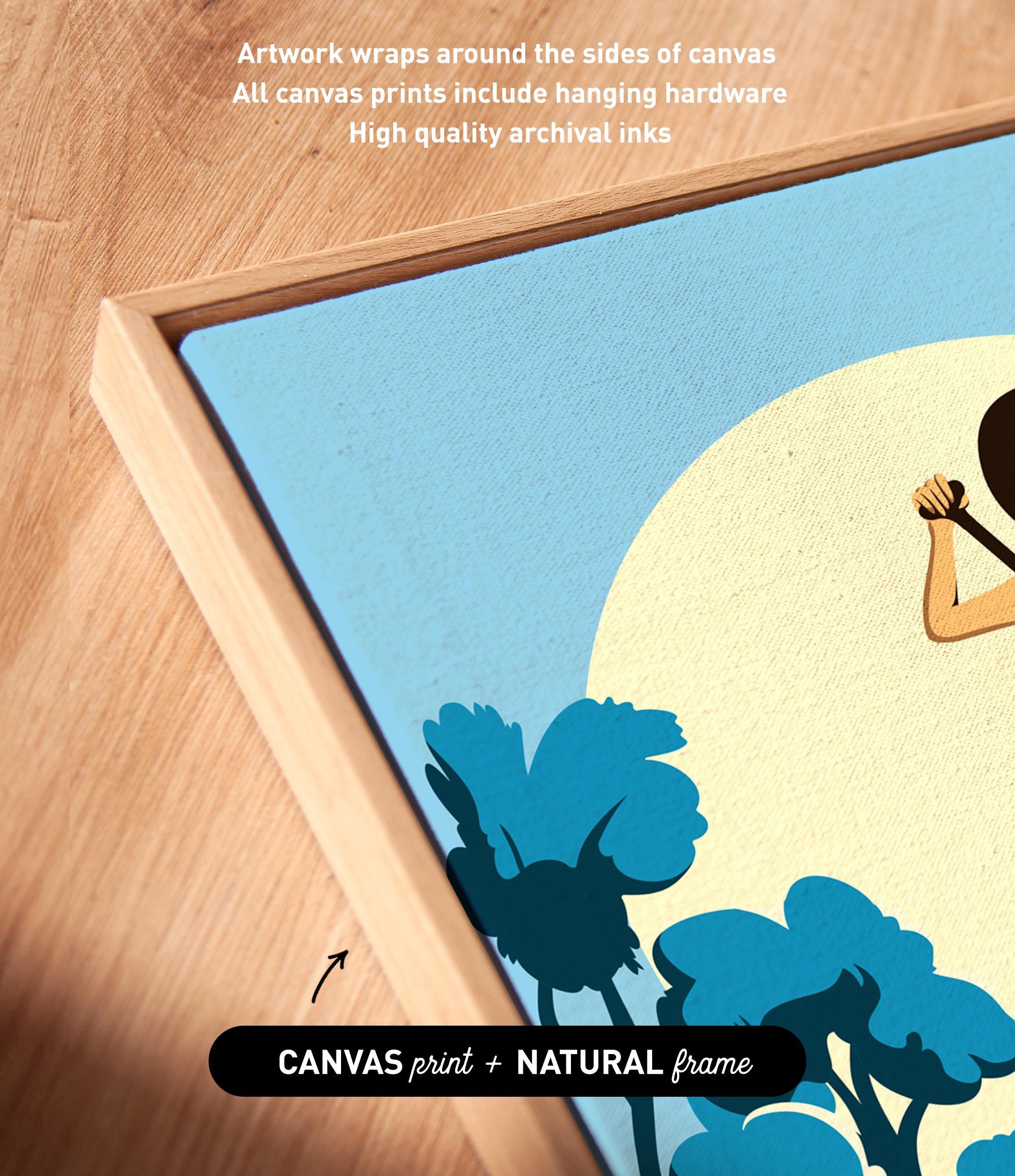 a wooden frame with a blue and yellow floral design, and the text indicates that the artwork wraps around the sides of the canvas and includes hanging hardware, suggesting a high-quality archival inks.