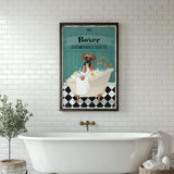 A framed vintage advertisement for "Boxer Soap and Bubble Bath Co." featuring a dog sitting in a bathtub filled with bubbles.