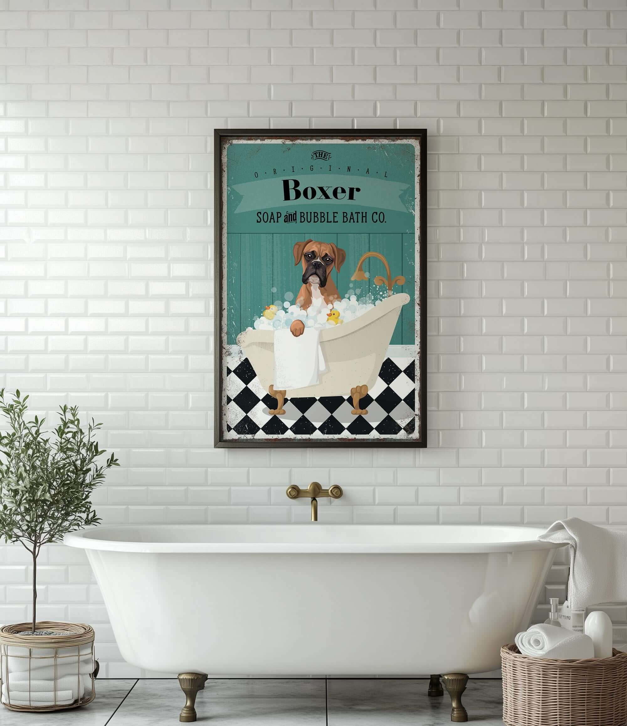 A framed vintage advertisement for "Boxer Soap and Bubble Bath Co." featuring a dog sitting in a bathtub filled with bubbles.