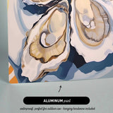 The image is an aluminum print featuring a close-up view of several oyster shells, with a text overlay indicating that it is a waterproof print suitable for outdoor use and includes hanging hardware.