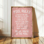 a pink poster with the words pool rules on it