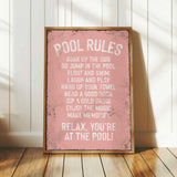 a pink poster with the words pool rules on it