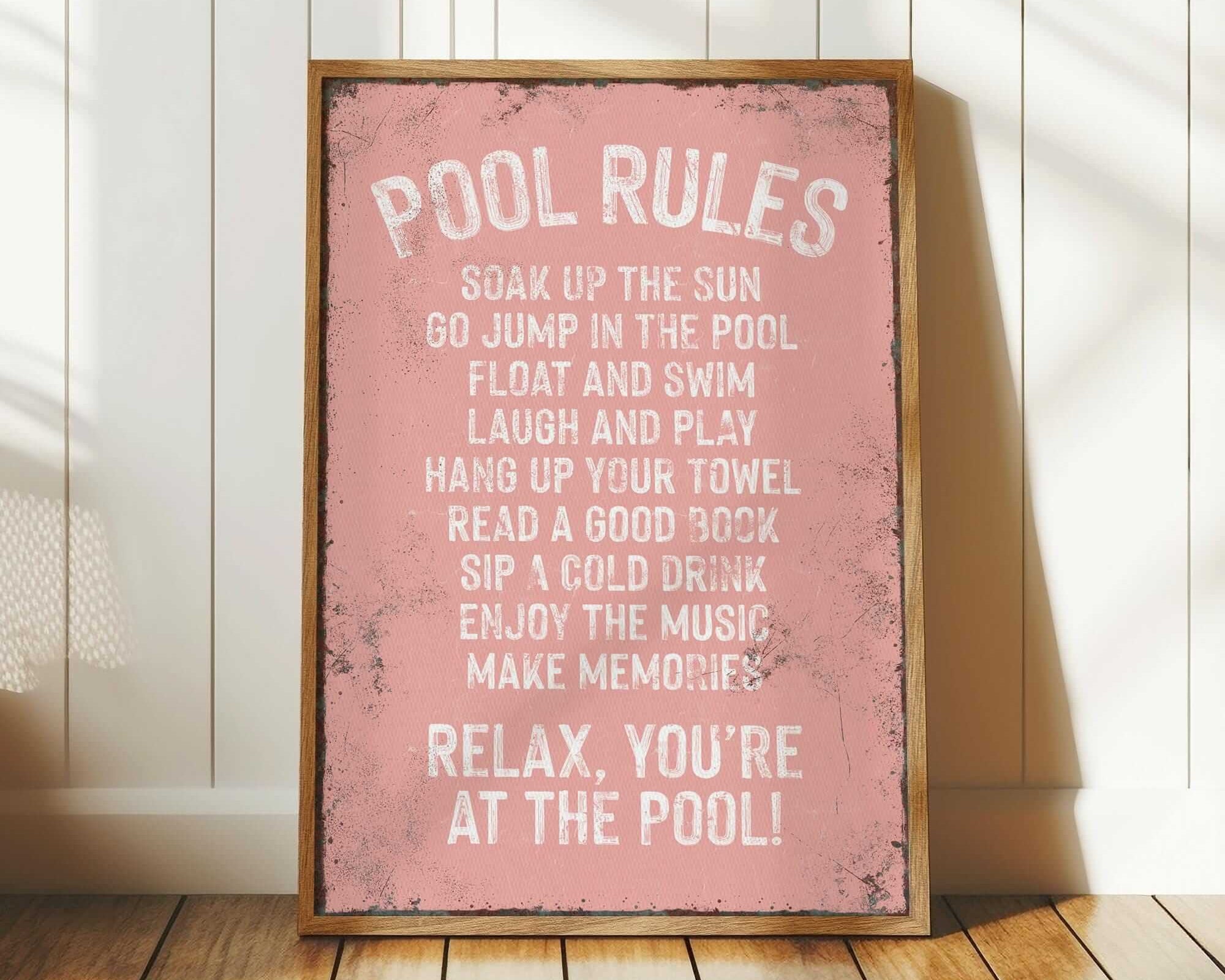 a pink poster with the words pool rules on it