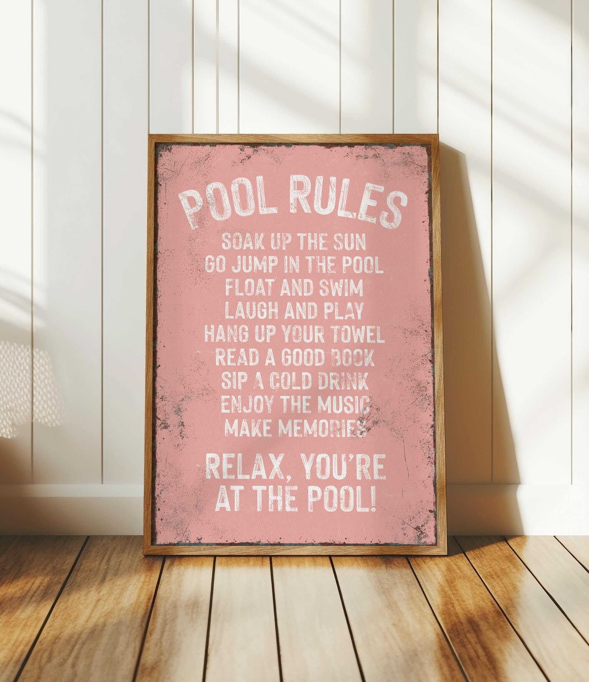 a pink poster with the words pool rules on it
