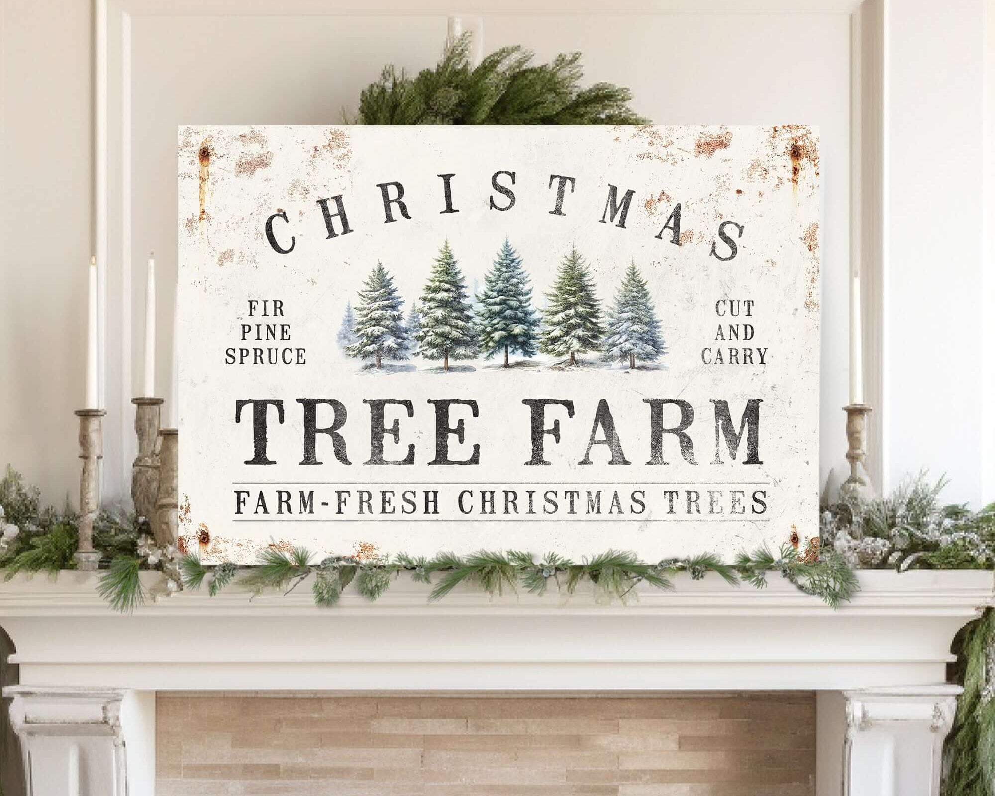 a christmas tree farm sign above a fireplace