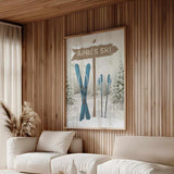The Cerulean Après Ski Signpost Wall Art hangs on a wood-paneled wall, bringing mountain lodge decor and cozy charm to a modern living room.