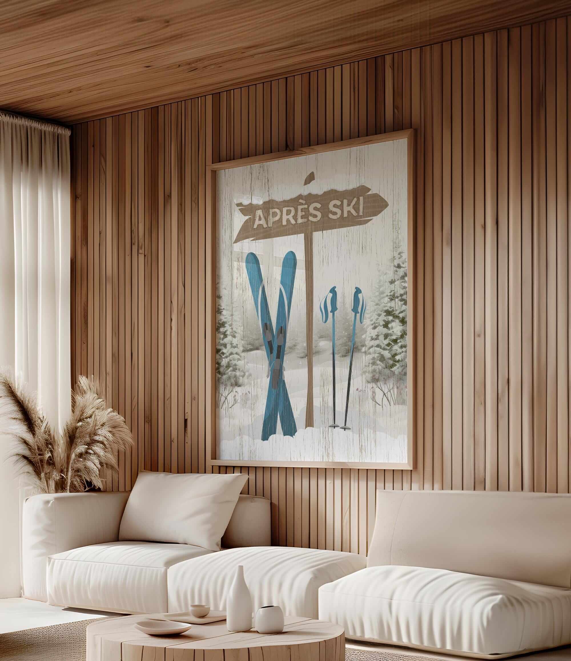 The Cerulean Après Ski Signpost Wall Art hangs on a wood-paneled wall, bringing mountain lodge decor and cozy charm to a modern living room.