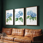 a cozy living room with a brown leather couch and a wooden coffee table. Above the couch, there are three framed watercolor paintings of blue hydrangeas hanging on the wall.