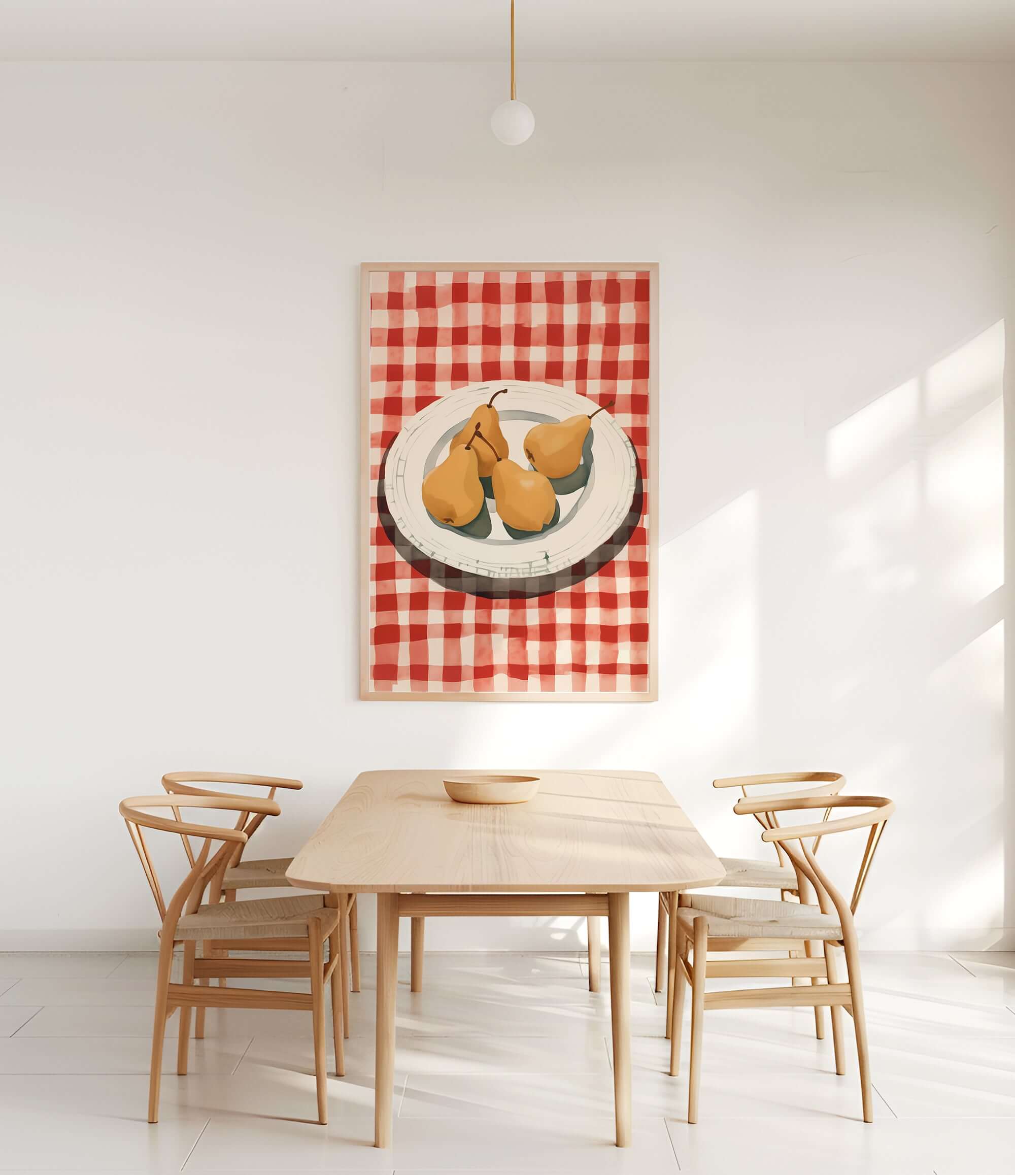 a dining room with a wooden table and four chairs, all facing a large painting of a plate of pears hanging on the wall above the table.